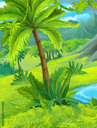 Cartoon nature scene with pond near the jungle - illustration for children