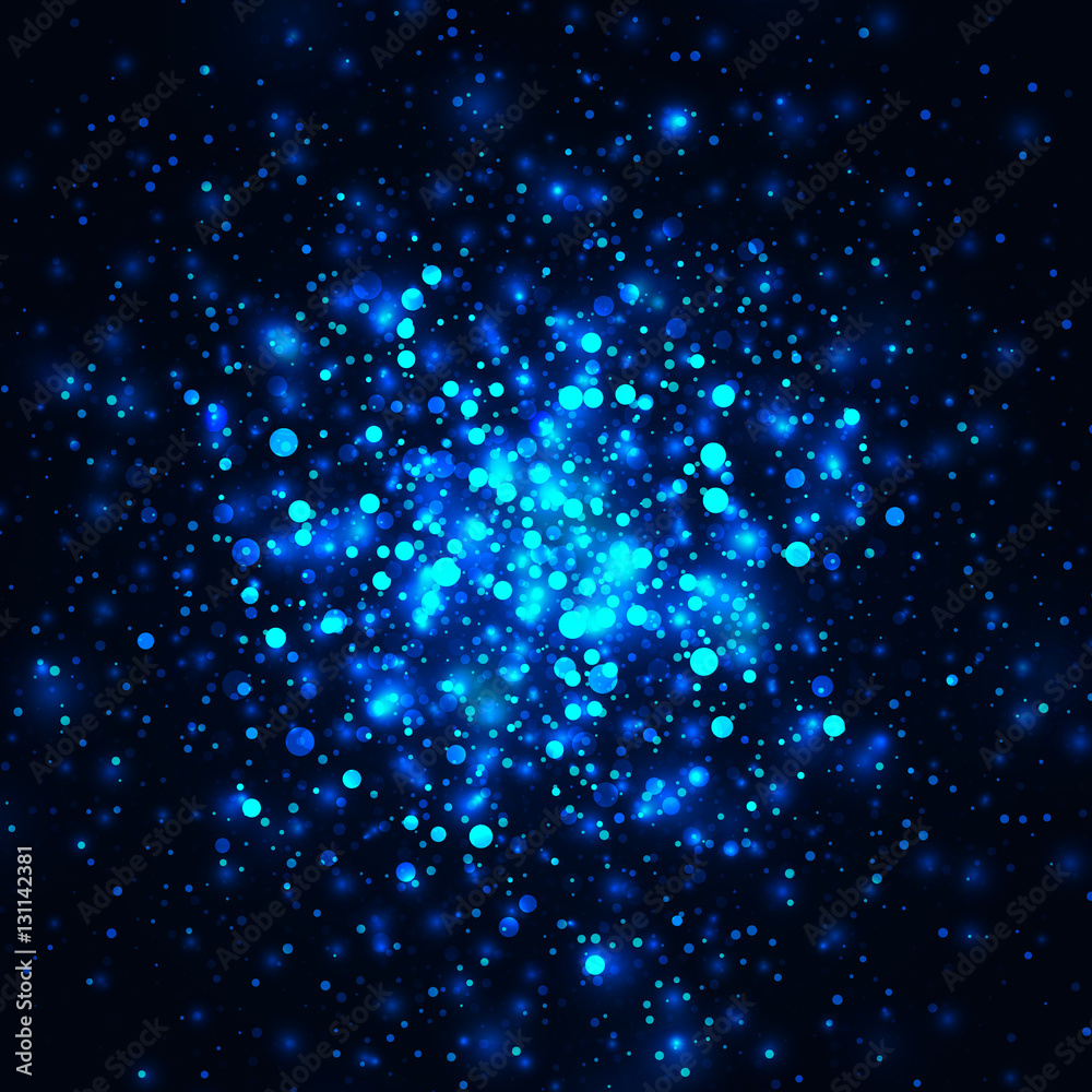 Obraz premium Vector blue glowing light glitter background. Christmas magic lights background. Star burst with sparkles on black background