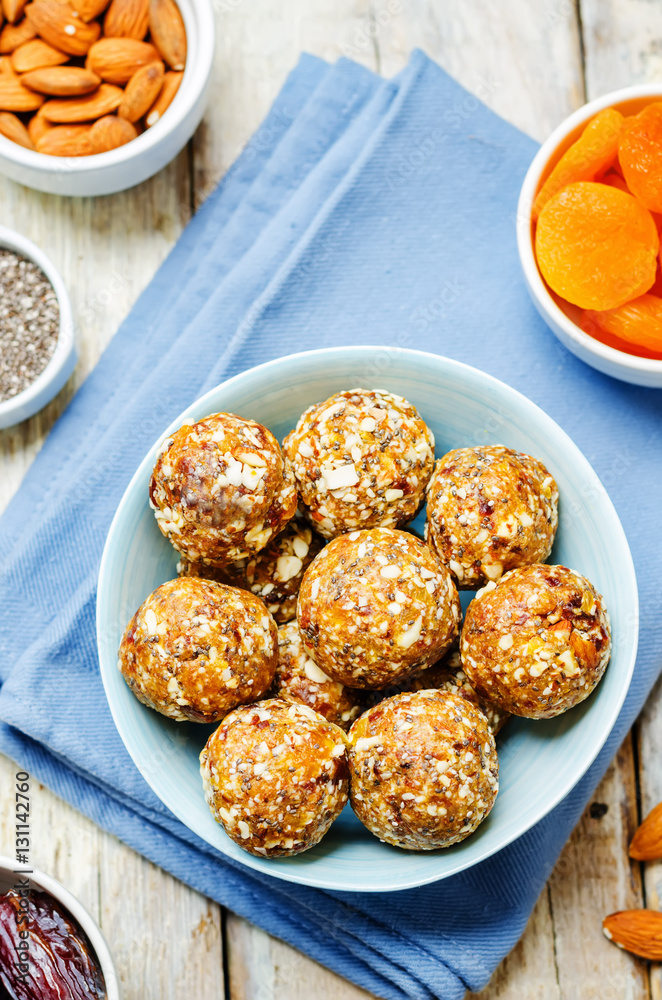 Raw vegan dried apricots, dates, almonds Chia seed balls