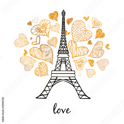 Vector Eifel Tower Paris Bursting With St Valentines Day Golden Hearts Of Love. Perfect for travel themed postcards, greeting cards, wedding invitations.