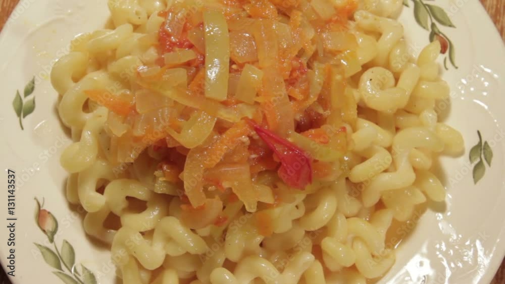 Pasta with Sauce vegetables, Cheese and egg. Italian Cuisine. Pasta Dish