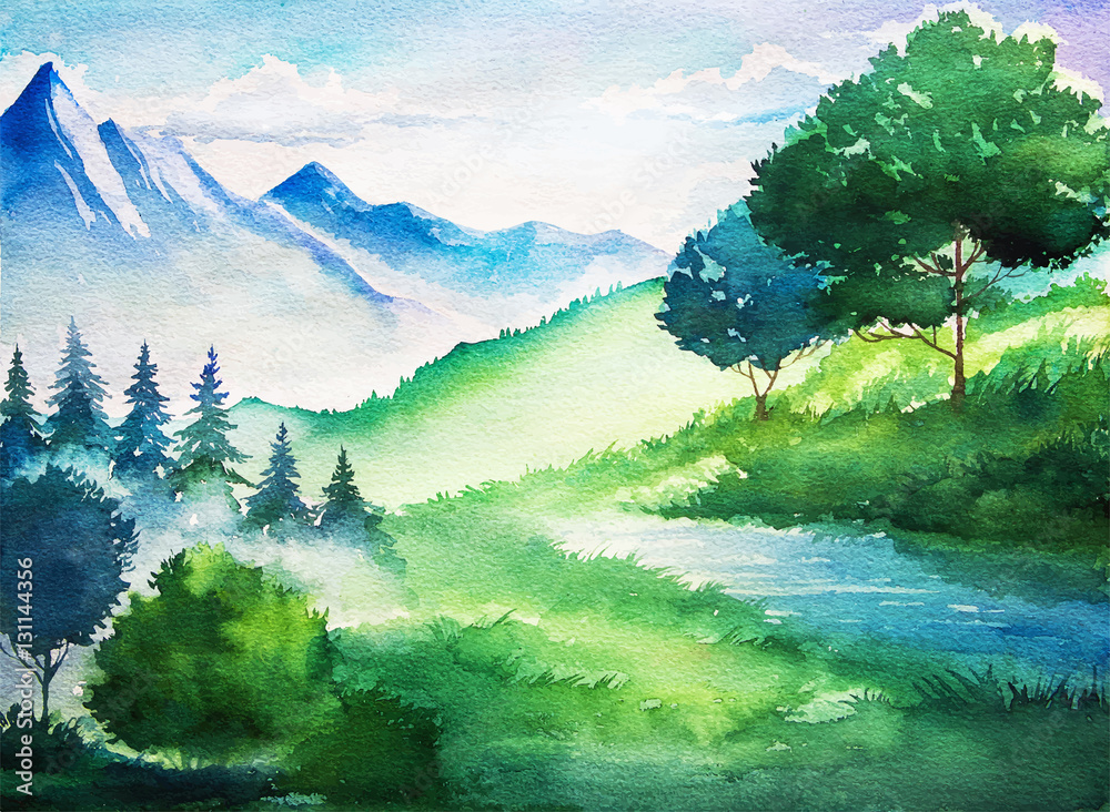 Obraz Akwarela letni krajobraz. Drzewo i góry.