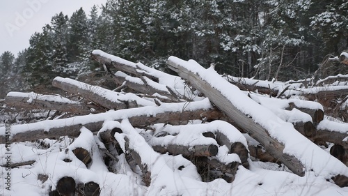 sawmill logs of pine trees in snow winter forest Christmas nature tree landscape