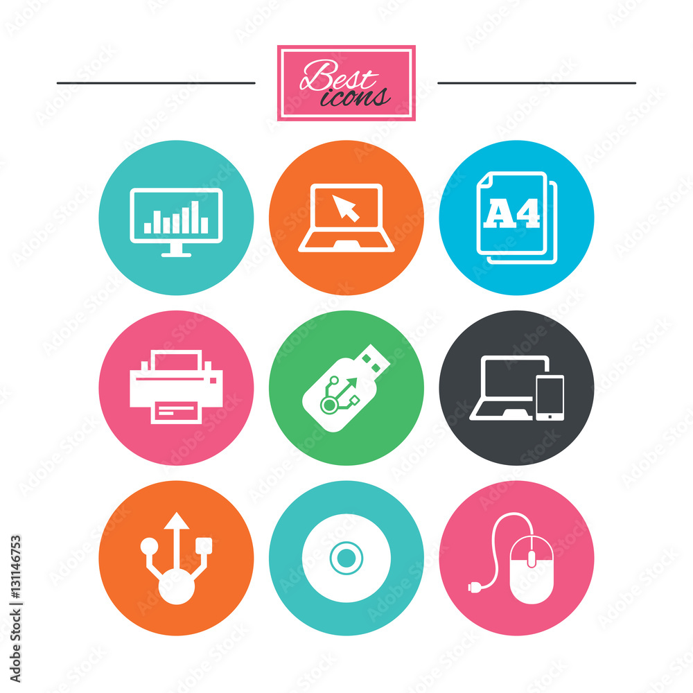 Computer devices icons. Printer, laptop signs. Computer devices icons. Printer, laptop signs.