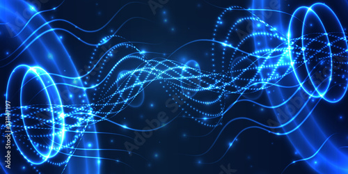 Abstract glowing lighs spiral. Blue lines background. Vector design.