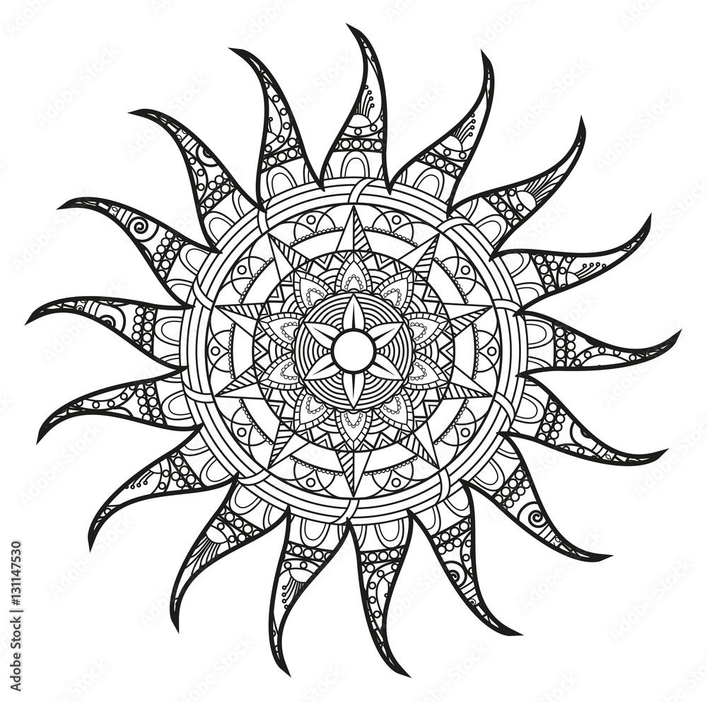 Vector illustration of a black and white mandala sun for coloring book, sole  mandala in bianco e nero da colorare vettoriale Stock Vector | Adobe Stock
