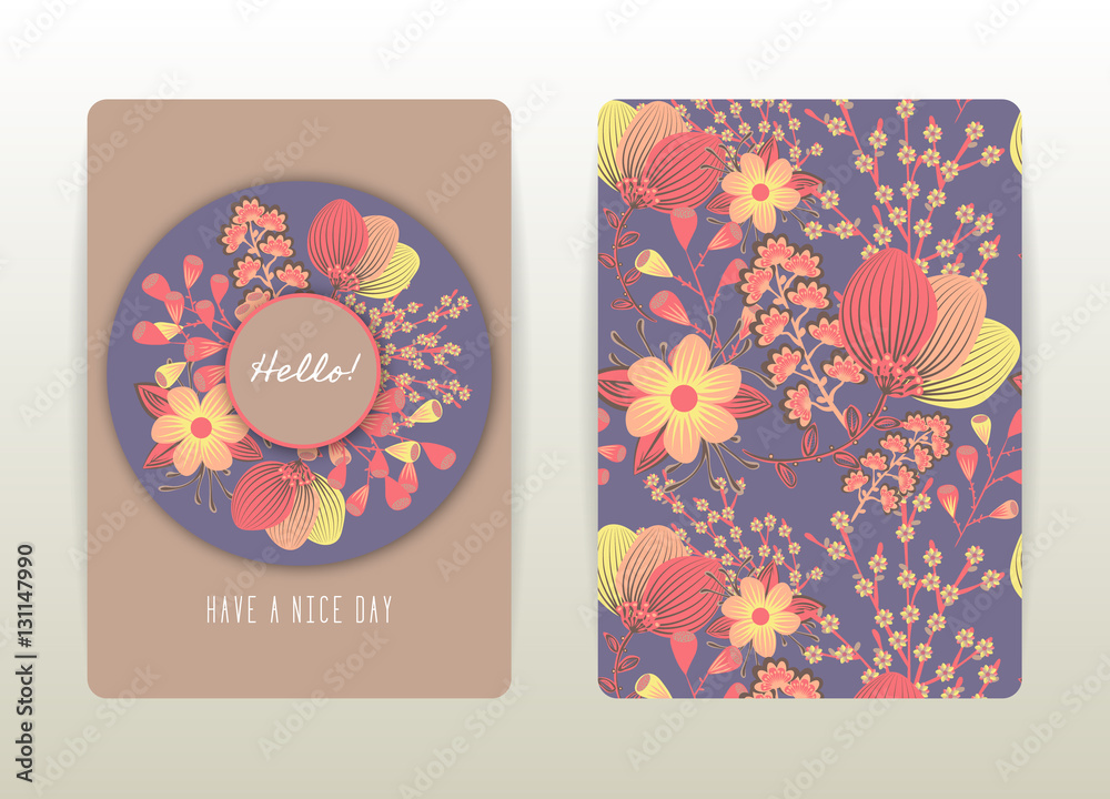 Cover design with floral pattern. Hand drawn creative flowers. Colorful artistic background with blossom. It can be used for invitation, card, cover book, catalog. Size A4. Vector illustration, eps10 Cover design with floral pattern. Hand drawn creative flowers. Colorful artistic background with blossom. It can be used for invitation, card, cover book, catalog. Size A4. Vector illustration, eps10