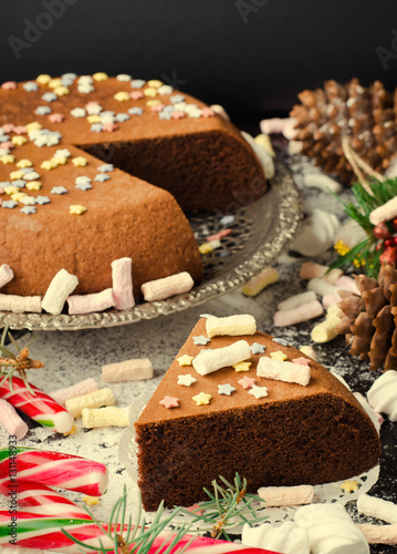 Traditional Homemade chocolate Christmas cake with sugar stars and marshmallow  new year decoration