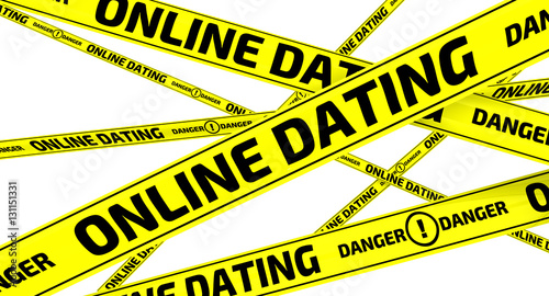 Online dating. Danger. Yellow warning tapes
