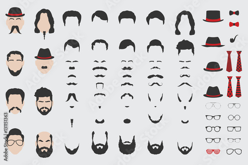Different vector design elements of men face, beard, mustache, hair, tie and glasses.