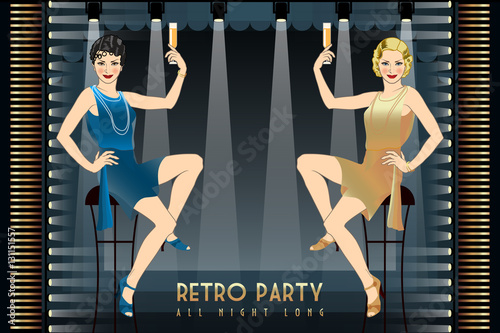 Flapper girl with a glass of champagne in a sparkly dress on the background of night city. Retro party hand drawing invitation card. Art Deco style.