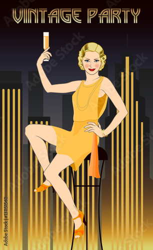 Flapper girl with a glass of champagne in a sparkly dress on the background of night city. Retro party hand drawing invitation card. Art Deco style.