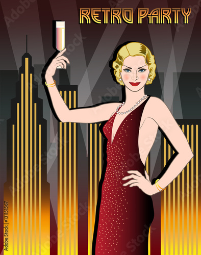 Flapper girl with a glass of champagne in a sparkly dress on the background of night city. Retro party hand drawing invitation card. Art Deco style.