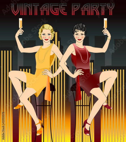 Flapper girl with a glass of champagne in a sparkly dress on the background of night city. Retro party hand drawing invitation card. Art Deco style.