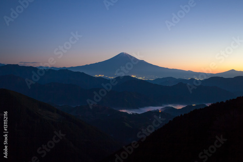 Beautiful sunrise time of Mountain Fuji in autumn season seen from Mountain Takayama , Shizuoka prefecture