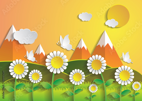 Sunflower field with summer season.paper art style.