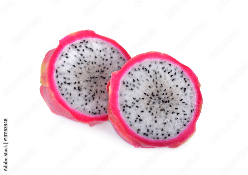 half cut fresh dragon fruit on white background half cut fresh dragon fruit on white background
