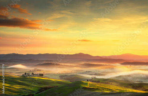 Volterra countryside foggy panorama, Tuscany Italy 