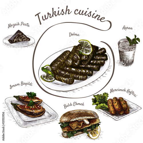 Colorful vector illustration of turkish cuisine.
