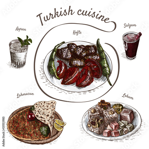 Colorful vector illustration of turkish cuisine.