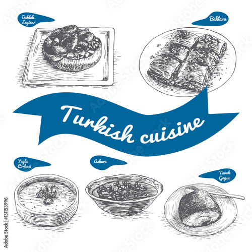 Monochrome vector illustration of Turkish cuisine. photo