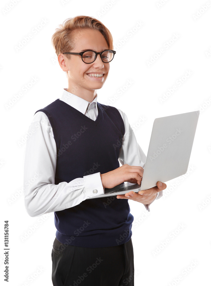 Teenage boy holding laptop on white background Teenage boy holding laptop on white background