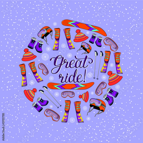 Winter sports - snowboarding and skiing. Elements of winter sports in the circle. Vector illustration. 