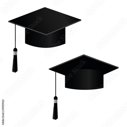 University academic graduation caps with tassel vector illustration. Graduation hat for ceremony, academic black hats