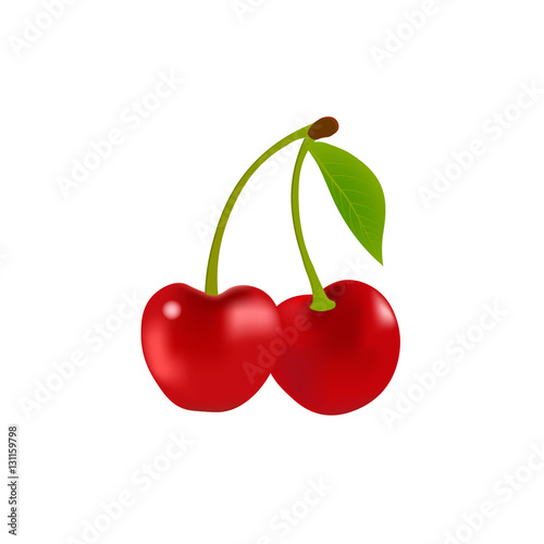 Realistic cherry fruit with leaf isolated on white background. Vector illustration. Sweet fruit