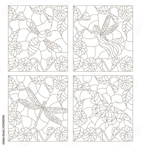 Set contour illustrations in the stained glass style , fairy, bee, butterfly and dragonfly on the background colors