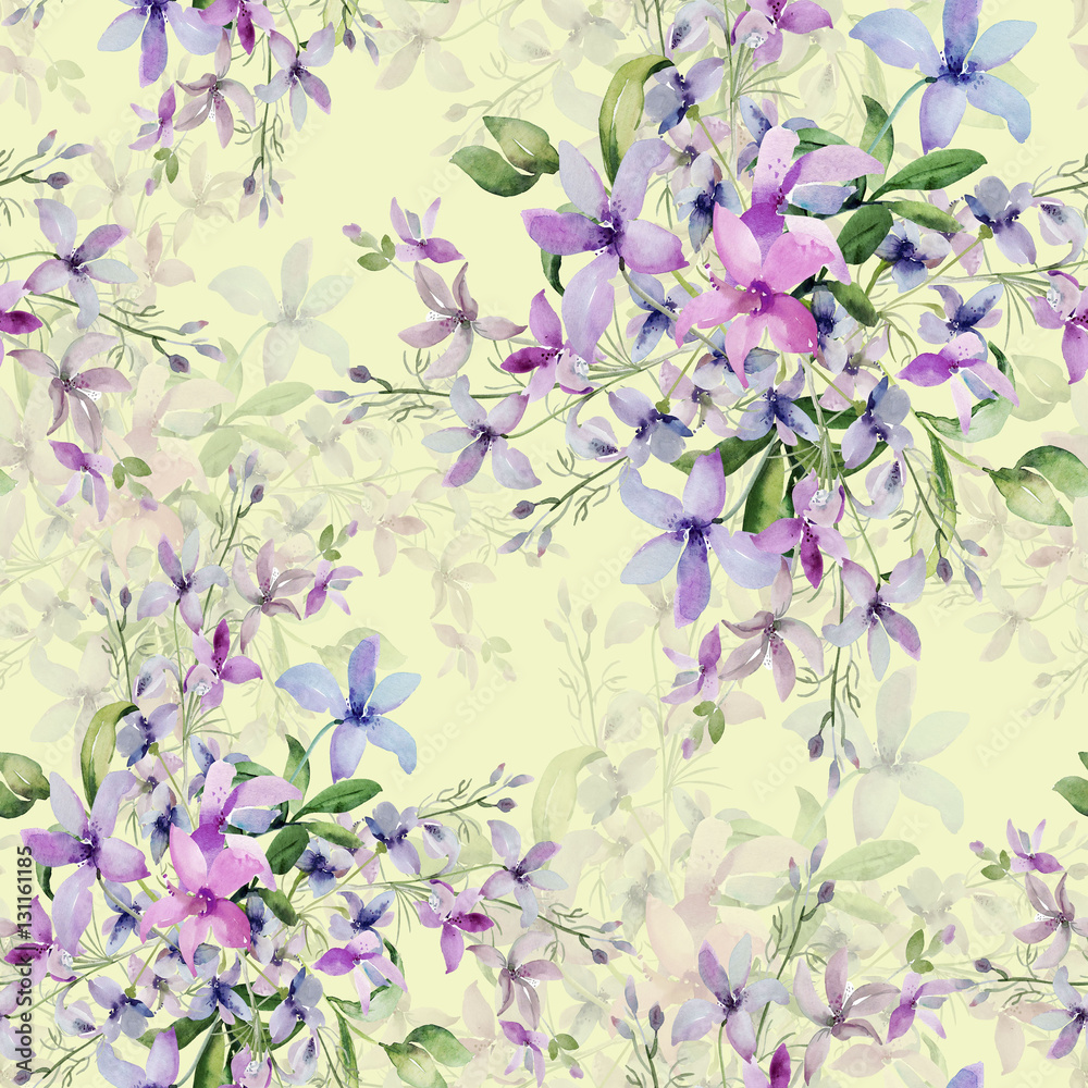 Fototapeta premium Seamless Pattern of wild flowers, watercolor image on a colored background