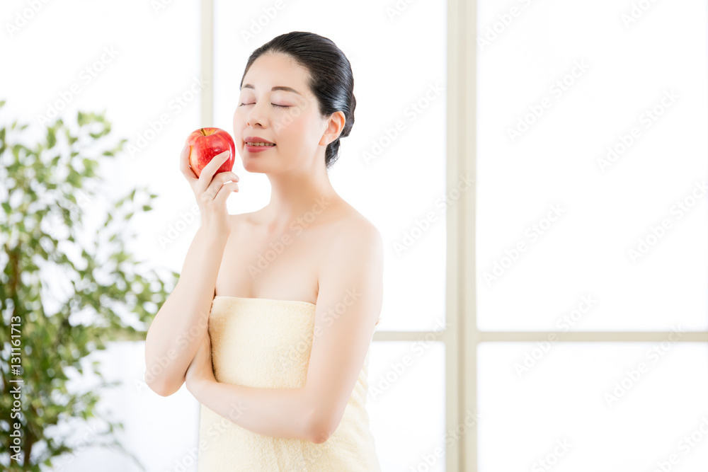 beautiful skin asian woman towel wrap enjoy fresh apple beautiful skin asian woman towel wrap enjoy fresh apple