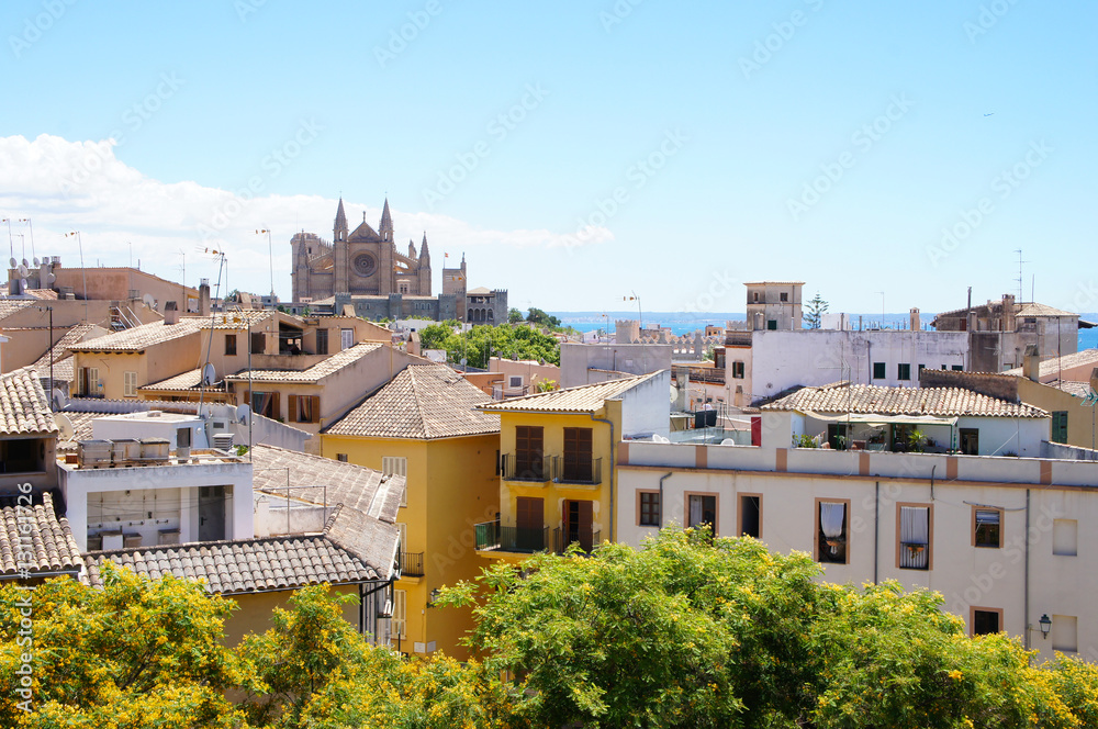 Cityscape, buildings, sea,view to Cathedral de Mallorca of Palma de Mallorca, Spain