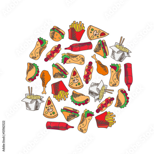 Fast food menu. Set of icons on the vector background.