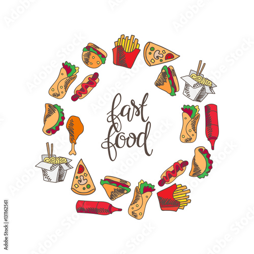Fast food menu. Set of icons on the vector background.