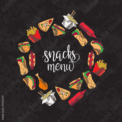 Fast food menu. Set of icons on the vector background.