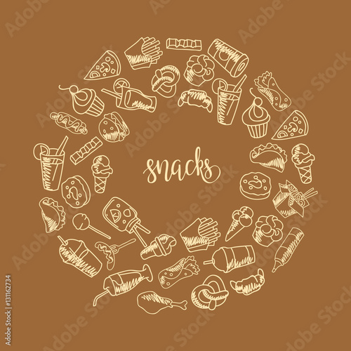 Fast food menu. Set of icons on the vector background.