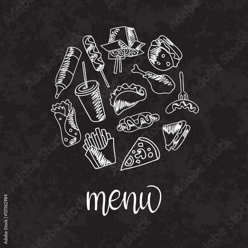 Fast food menu. Set of icons on the vector background.