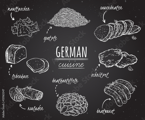 German cuisine. Collection of delicious food in line art style on chalkboard. Concept design for decoration restaurants, menu. Vintage hand drawn vector illustration