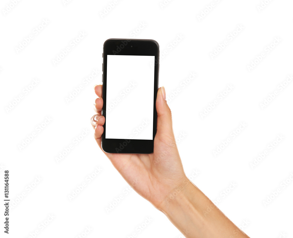 Female hand holding cellphone, isolated on white