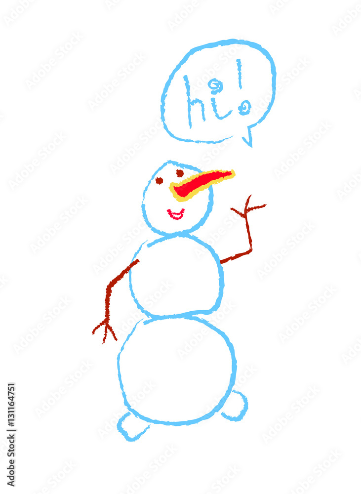 Snowman vector clip-art, hand drawn sketchy design element. Doodle childish illustration for greeting card or poster. Isolated on white