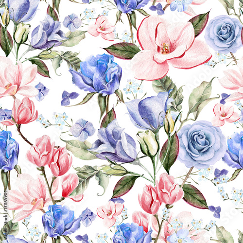 Beautiful watercolor with hydrangeas, roses, magnolia and flowers eustomiya. Illustrations.