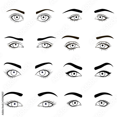 Set of female eyes and brows black image . Vector illustration for health glamour design with beautifully fashion eyelashes. Open woman makeup
