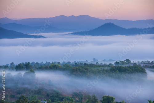 Sunrise and sea of clouds over Pai District Mae Hong Son  THAILAND. View from Yun Lai Viewpoint is located about 5 km to the West of Pai town centre above the Chinese Village.