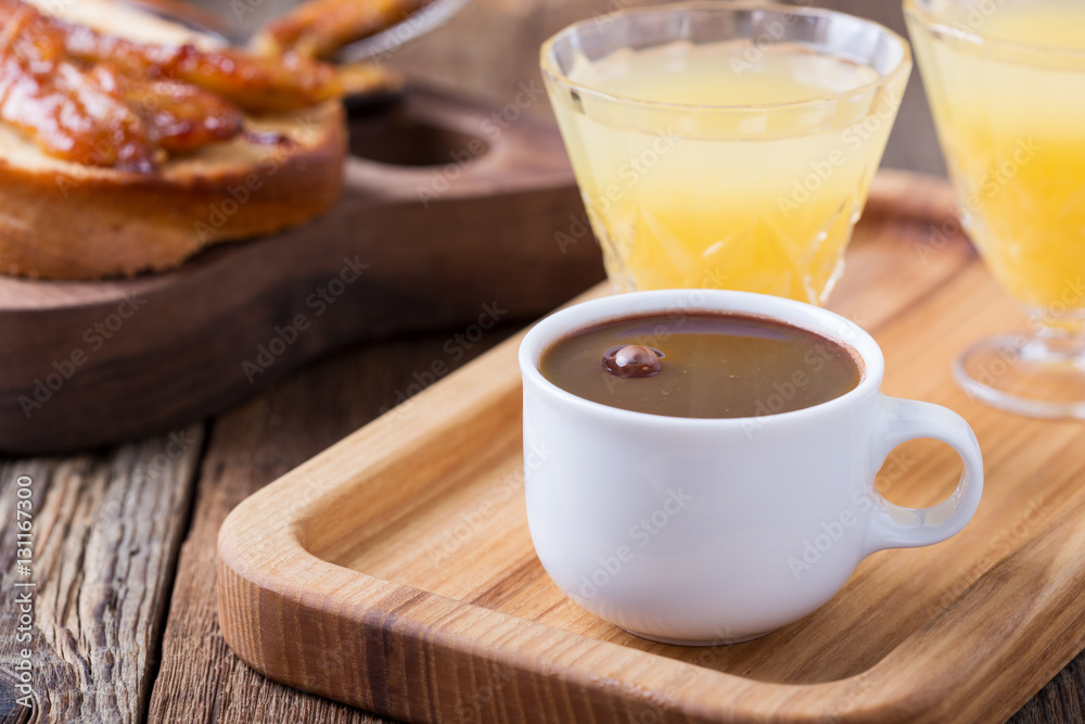 Breakfast on Valentine's Day, coffee, toast and juice Breakfast on Valentine's Day, coffee, toast and juice