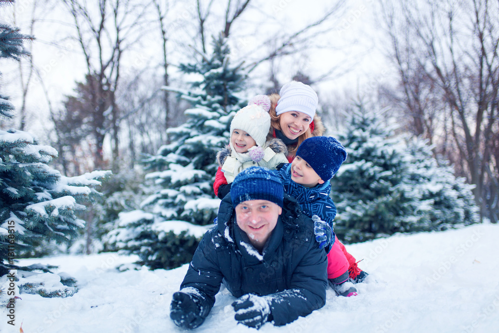 Attractive family having fun in a winter park