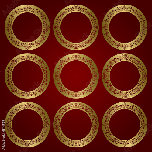 Golden round frames set of floral ornament borders.