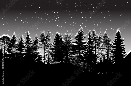 winter coniferous forest on grey background