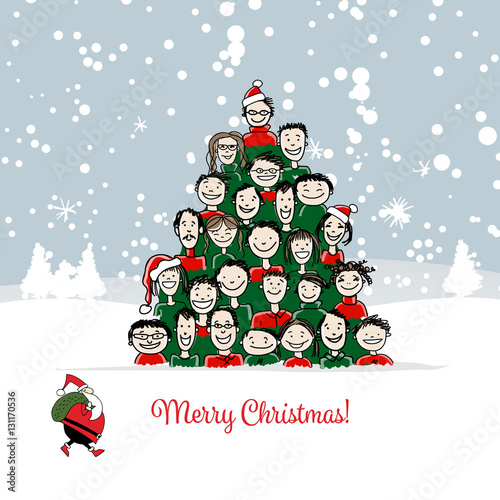 Christmas card, funny people tree for your design