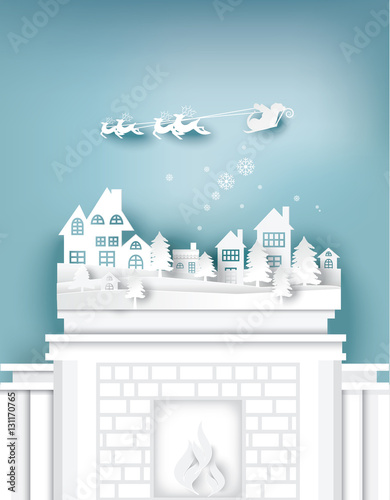 paper art landscape of Christmas with tree and house design. vector illustration